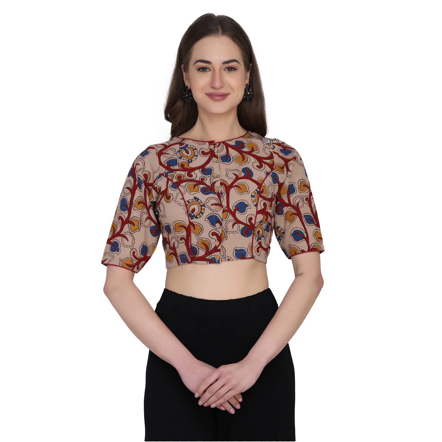 Women Beige Red Kalamkari Printed Cotton Saree Blouse (TWT_KALBL_72)-image-27