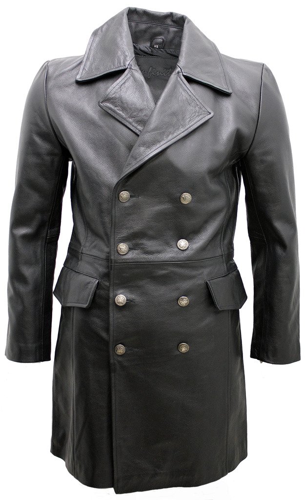 Infinity Leather Männer Langer schwarzer Deutscher Marineledermantel