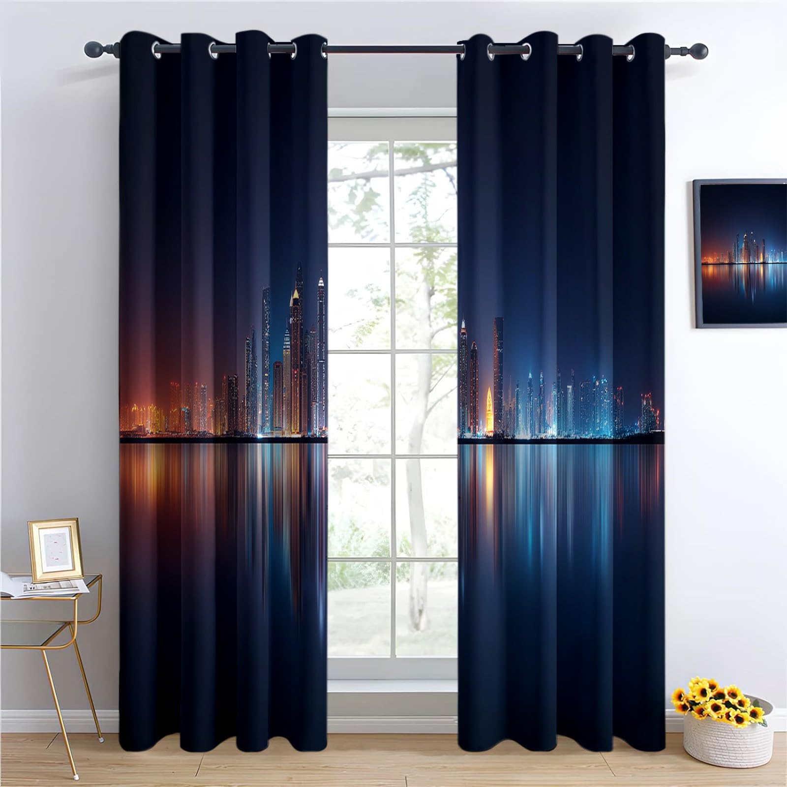 Générique Zasłony izolowane termicznie, 140 L x 260 H cm, zestaw 2 nowoczesnych zasłon miejskich Dubaj z przelotkami zaciemniającymi i redukcją szumów do sypialni i salonu - ciemnoniebieskie