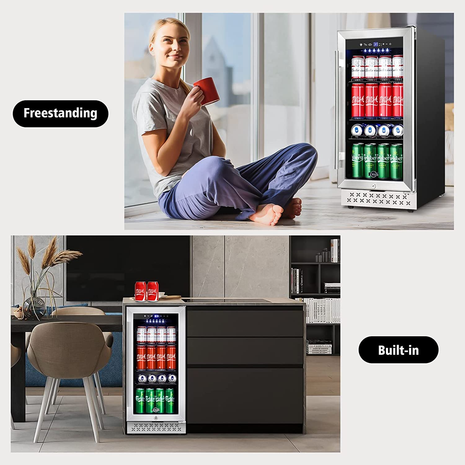 Tylza 15 Inch Beverage Refrigerator, 130 Cans Quiet Beverage Fridge, 15'' Beverage Cooler Under Counter With Glass Door And Lock For Built-In Or Freestanding With Temperature Memory Function Tybc100 on Fridge.com - View 2