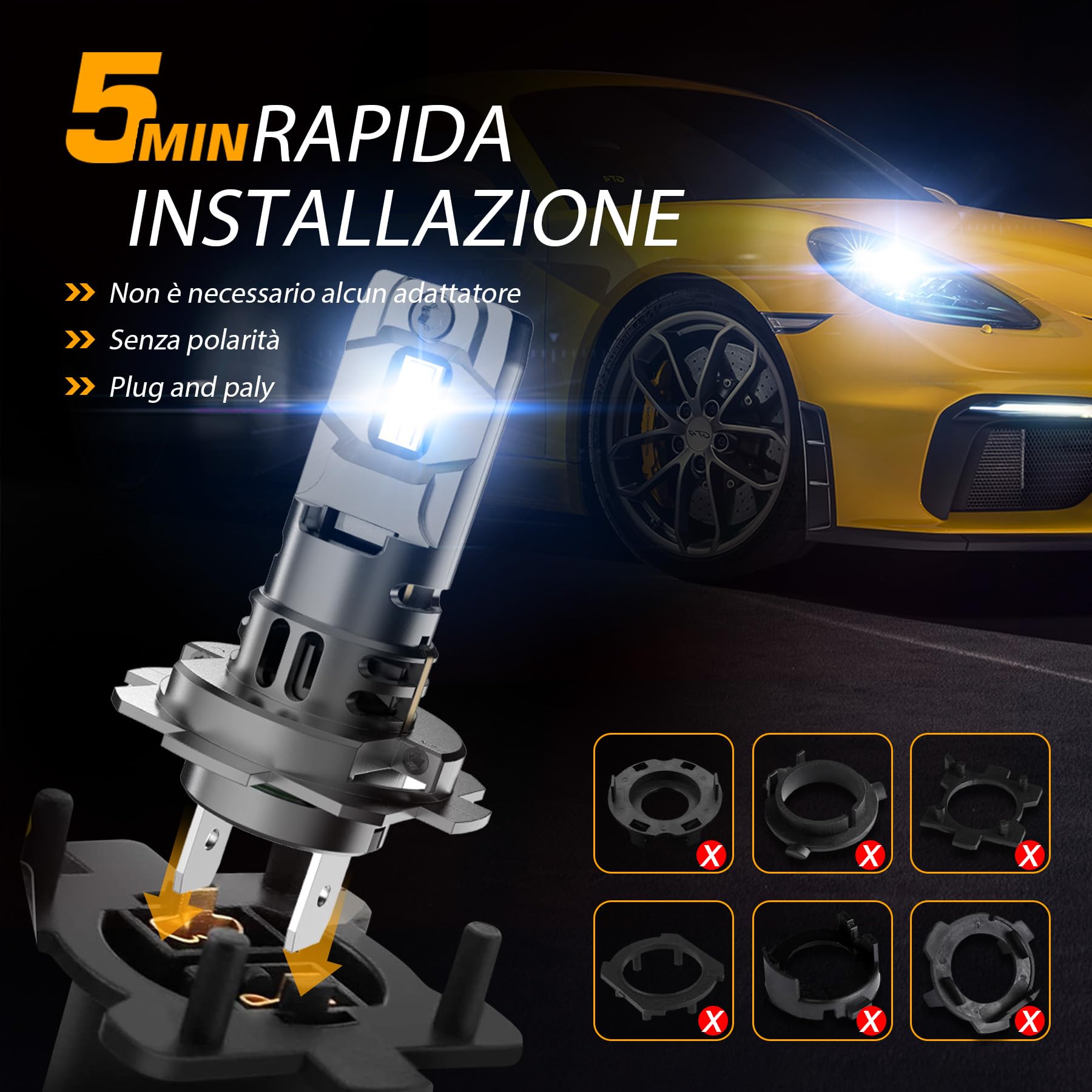 Lampadina H7 LED per Faro Auto con Ventola Silenziosa, Anti-Errore, Chips CSP ad alta luminosità 22000LM 100W, 500% più luminosa, colore bianco 6500K. Sostituzione alogena con kit mini 1:1.…