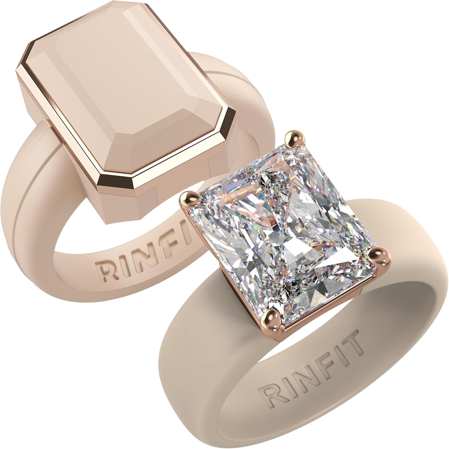 Rinfit Silicone Rings for Her - Rubber Wedding Band with Cubic Zirconia Stone - Emerald & Emerald Glowstone Nude/RoseGold, Size 6