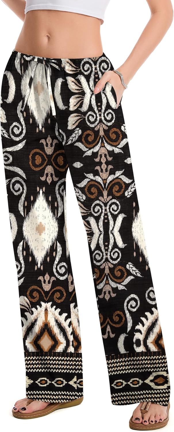 AKEWEI Women Cotton Linen Summer Palazzo Pants Drawstring Waist Wide Leg Lightweight Beach Trousers with Pockets - Image 2