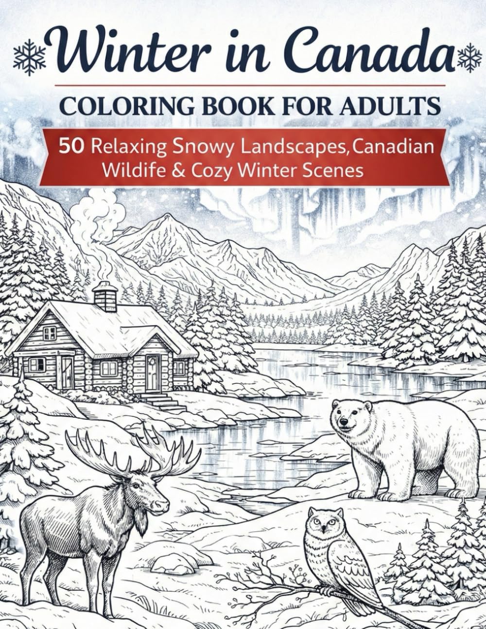 Winter in Canada Coloring Book for Adults: 50 Relaxing Snowy Landscapes, Canadian Wildlife, Cozy Cabins & Winter Nature Scenes for Stress Relief and Mindfulness