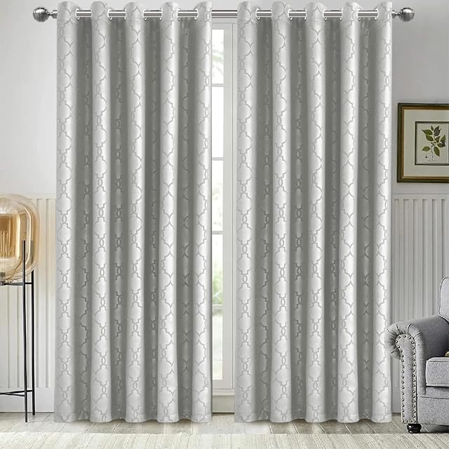 Hafaa Blackout Curtains 46x72 Inch  260 GSM Embossed Eyelet Curtains for Living Room, Window Thermal Insulated Bedroom Curtain with Tie Backs - 2 Panel, Silver