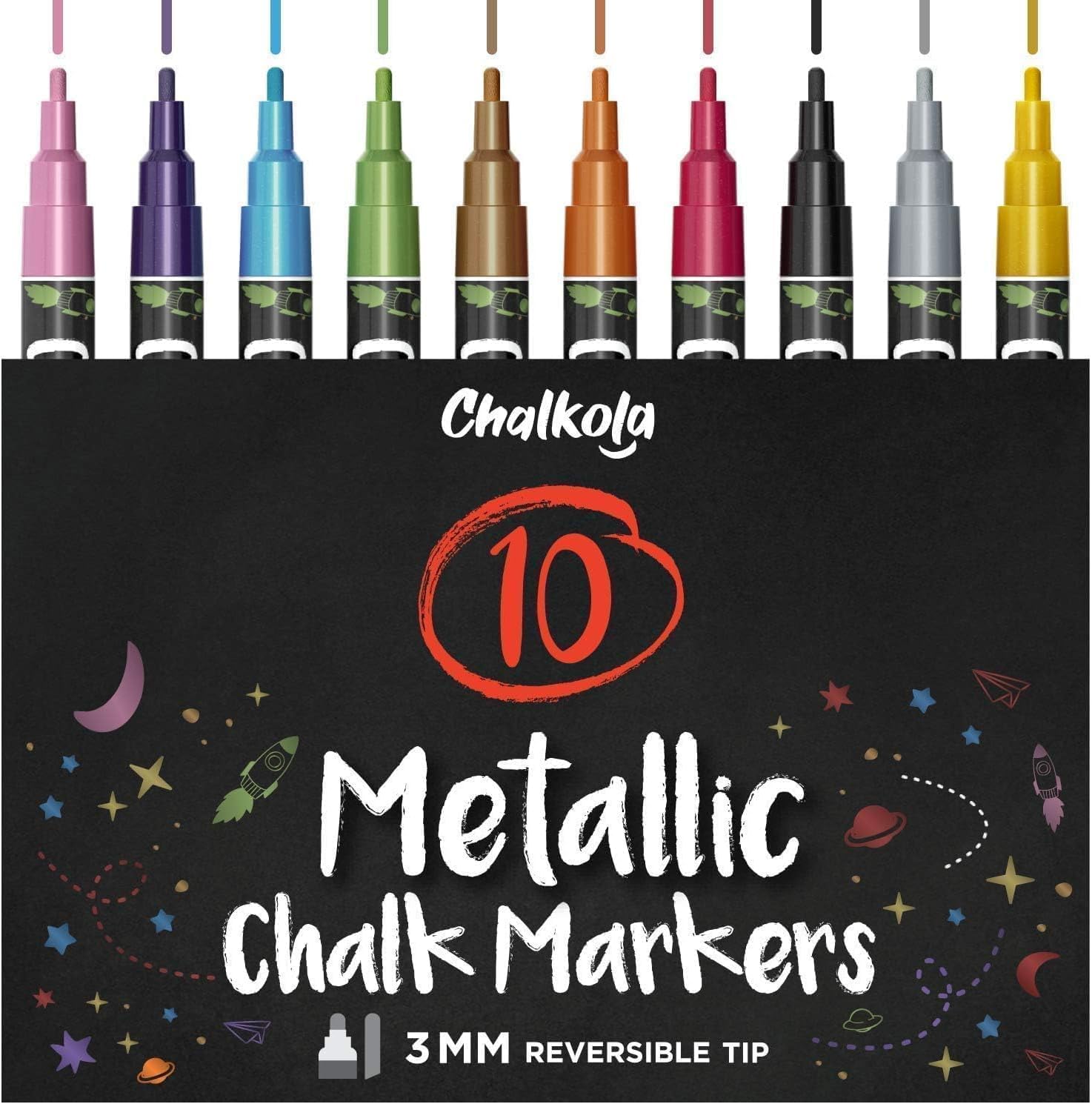 Chalkola Kreidestifte für Tafel Abwaschbar | 10 Metallic Stifte mit 3mm Umkehrbarer Spitze | Kreide Stift für Fenster, Tafel, Whiteboard & als Glasstift. Chalk markers für Erwachsene & Kinder