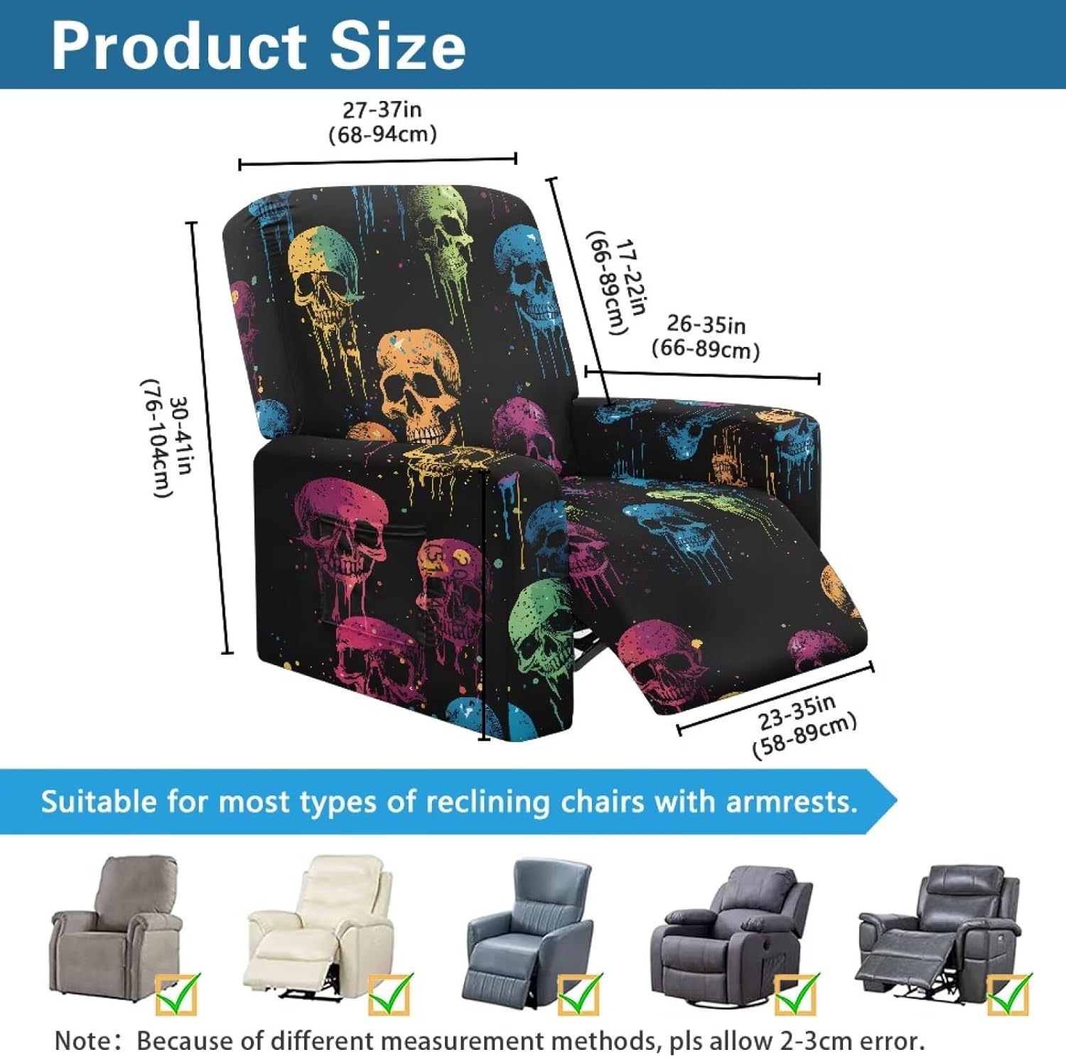 Biyejit Colorful Skulls Recliner Chair Covers Non Slip Stretch Sofa Slipcover Sofa Cover 4-Pieces Furniture Protector Couch Soft with Elastic Bottom and Storage Pockets Halloween Decor