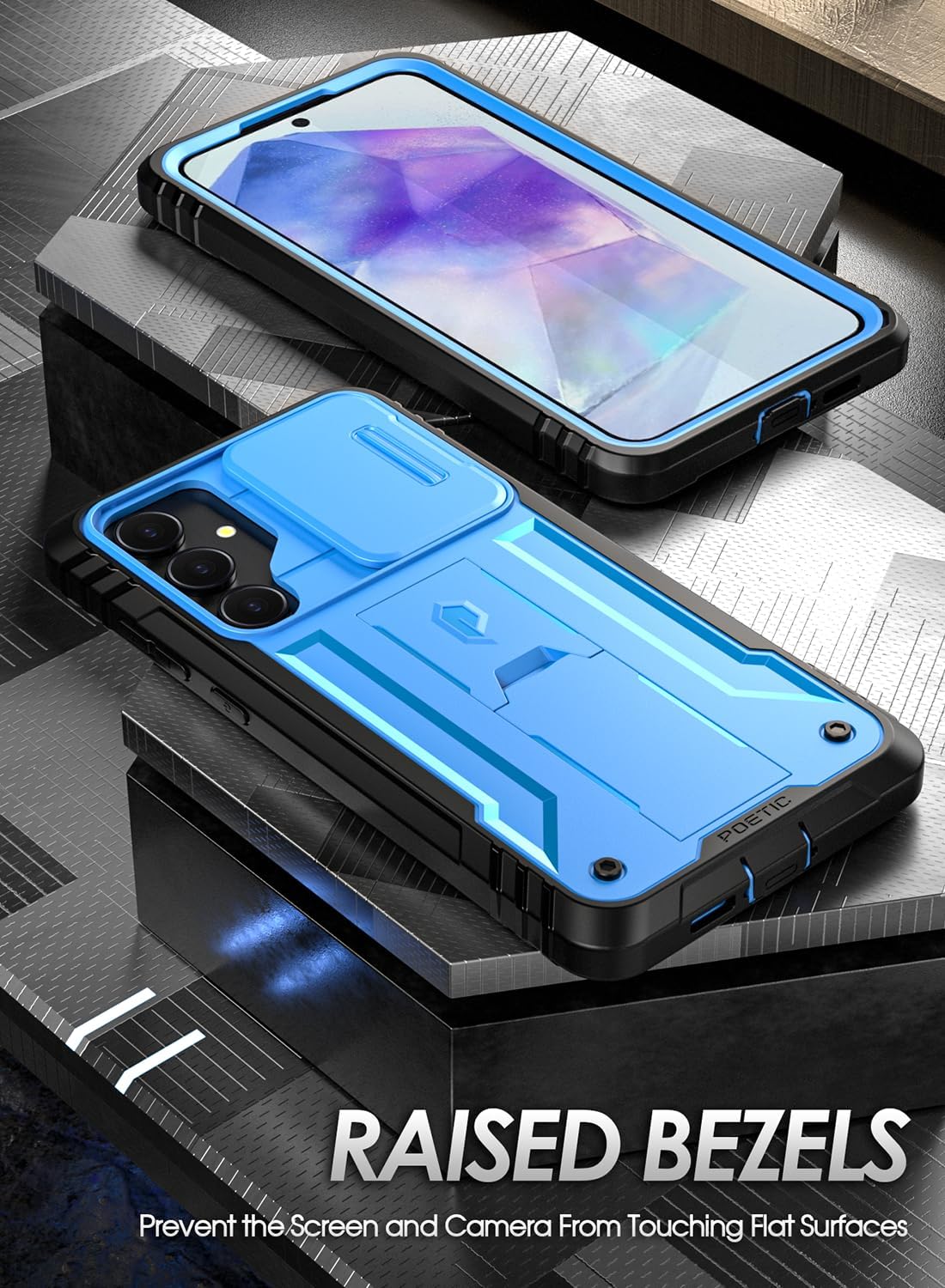 Poetic Revolution Case for Samsung Galaxy A55 5G, [Slide Camera Cover], [20FT Mil-Grade Drop Tested],Full-Body Military Grade Shockproof Cover with Kickstand and Built-in-Screen Protector, Light Blue