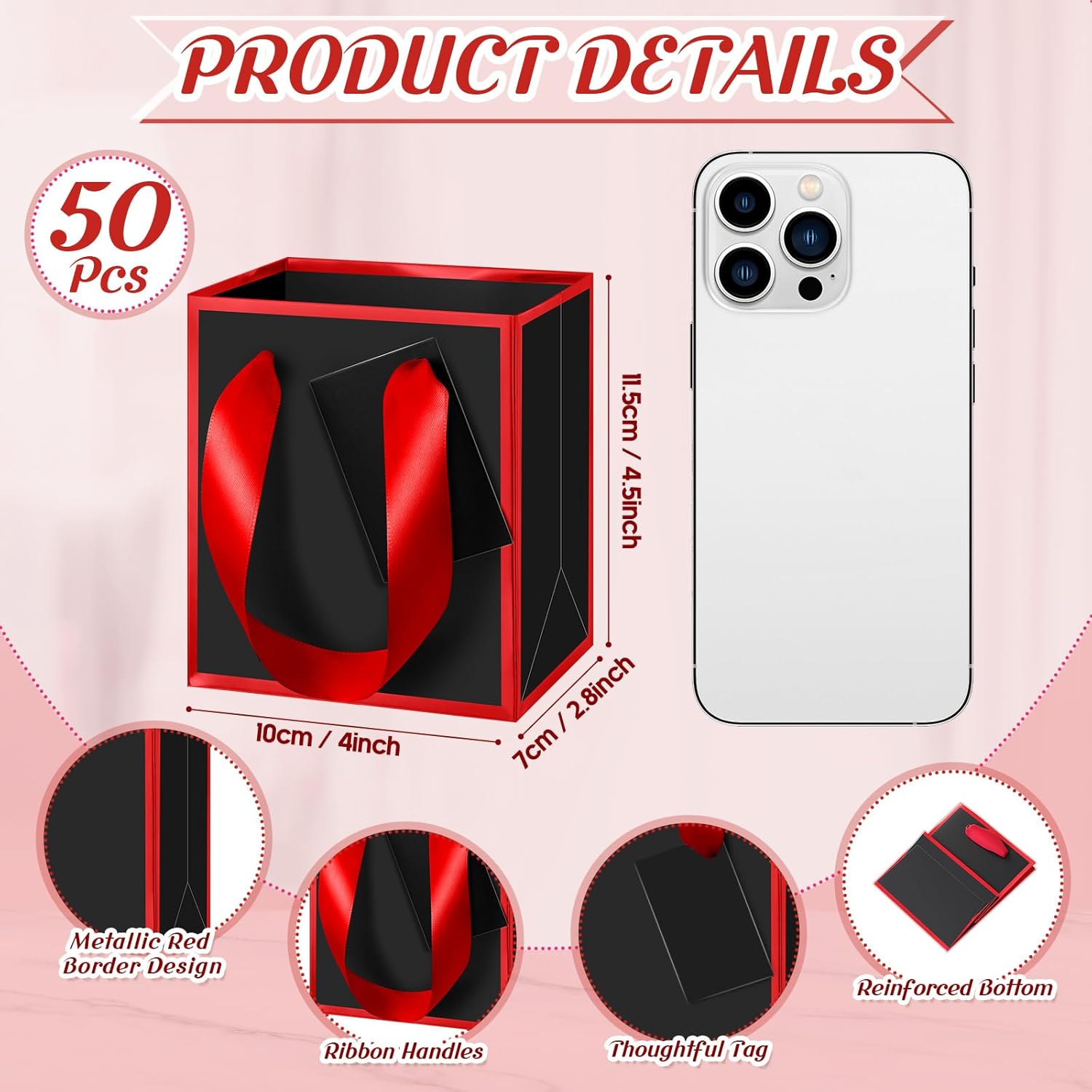 yeaqee 50 pcs mini metallic paper gift bags with handles 4x2.75x4.5'' tiny small gift bags with thank you tag for wedding graduation birthday party return gifts jewelry business (black,red) black, red 50
