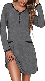 Camisón Mujer Algodón Manga Larga con Bolsillos y Botones – Camisón Largo Cómodo de Casa Invierno Ropa de Dormir Clásica S-XXL