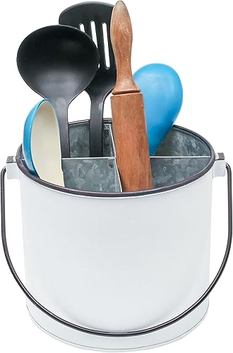 Bedding Craft Soporte vintage para utensilios de granja, elegante organizador de encimera y organizador de decoración de cocina, cubo galvanizado