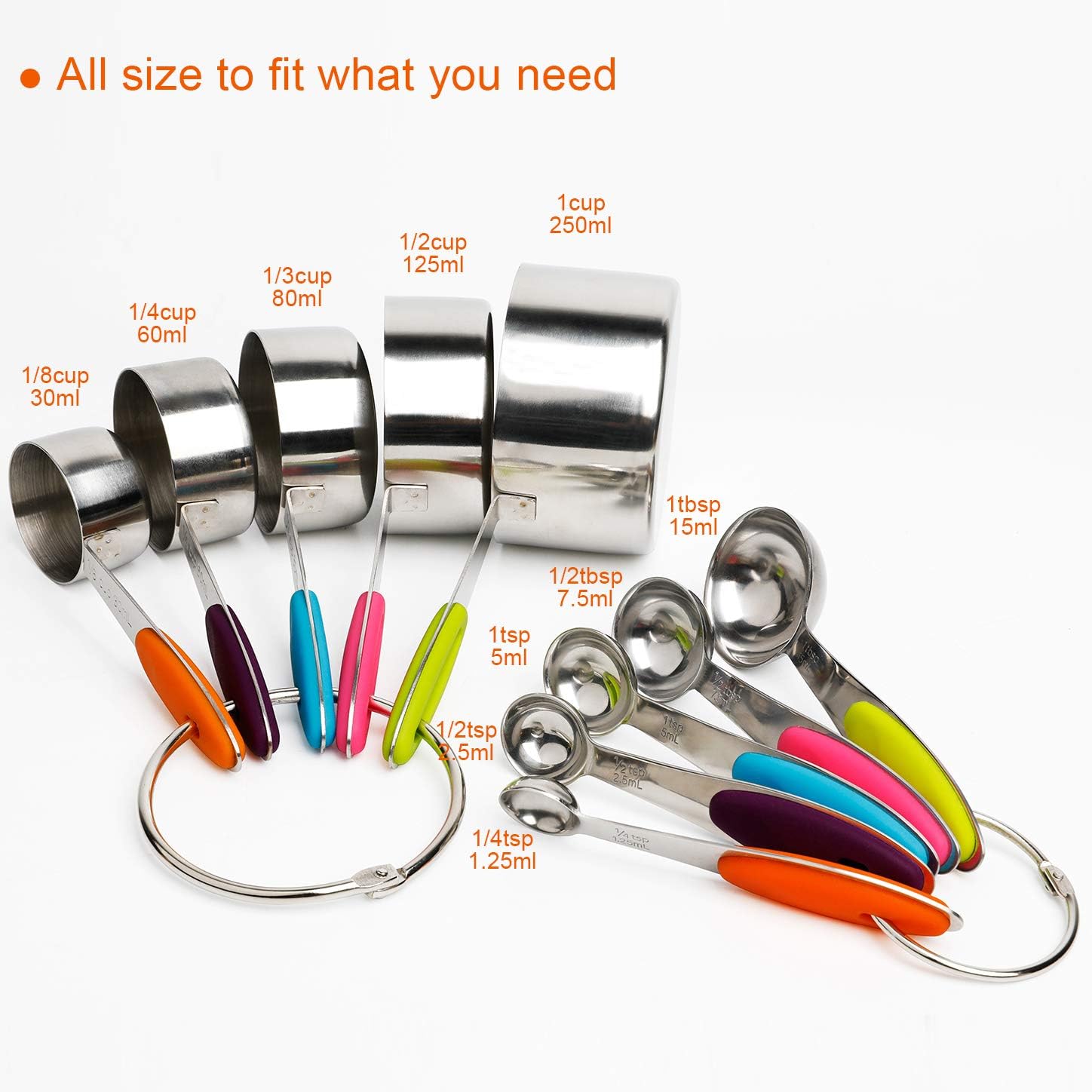 Measuring Cups and Spoons Set of 10 Stainless Steel for Dry and Liquid Ingredients Including 5 Measuring Cup and 5 Measuring Spoon