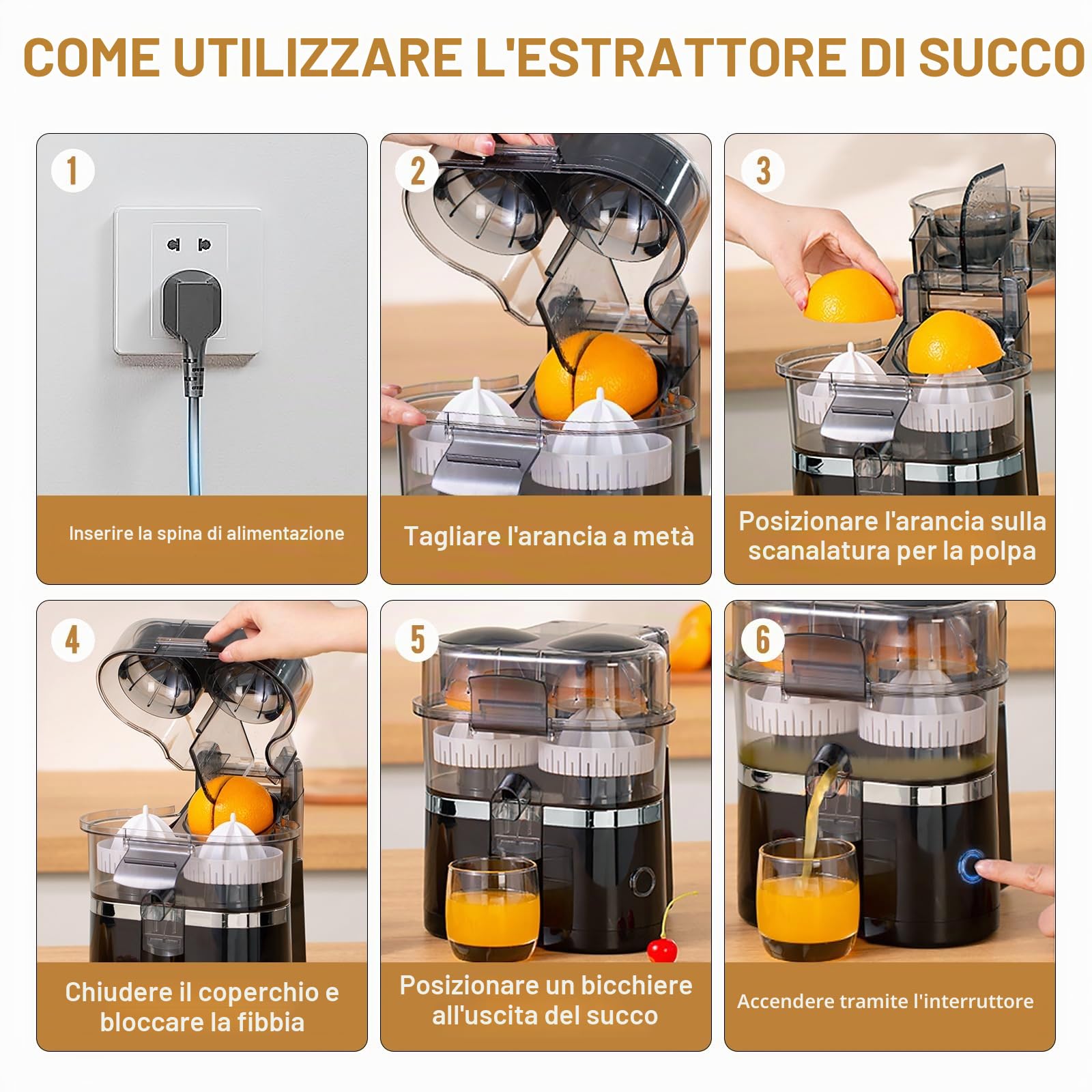 Spremiagrumi elettrico 100W, Doppia testa automatica, Senza BPA | Spremiagrumi automatico per arance, limoni e pompelmi con doppio cono, facile da usare e ideale per succhi freschi