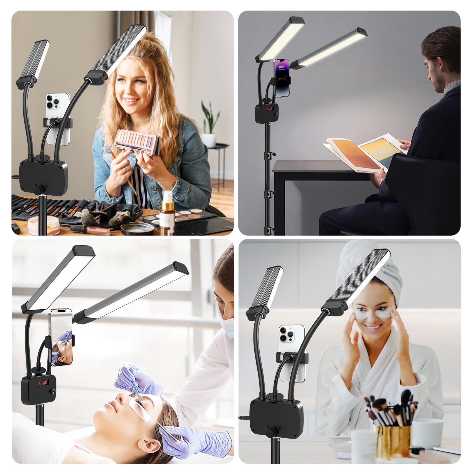 Selfie-Licht mit 190 cm Stativ-Ständer, dimmbar, 3 Farben, LED-Doppelarm-Ringlicht mit Handy-Halterung und Tragetasche für Wimpern-Tattoos, Video-Fotografie, 45 W, 95 CRI Stativ-Stehlampe
