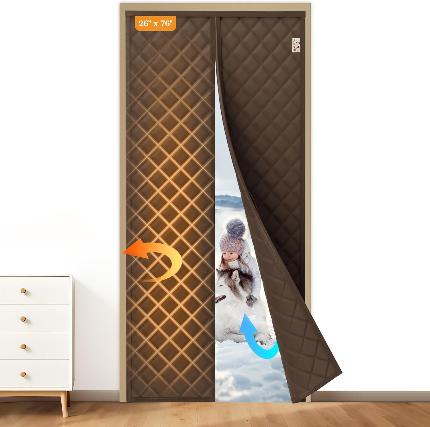 Yotache Magnetic Thermal Insulated Door Curtain Fits Door Size 26 x 76 inch, Curtain Size 28" x 78" Weatherproof Oxford Material Door Screen Covers Keep Cold Drafts Out, Brown