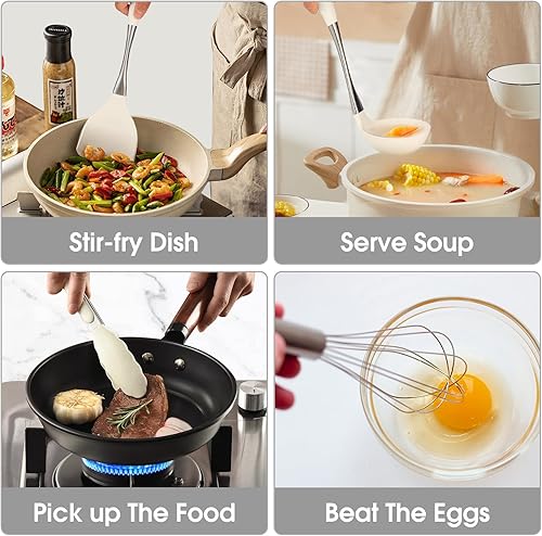 Miniatura 5 de Juego de utensilios de cocina de silicona blanca de alta calidad, no tóxicos, resistentes al calor, sin BPA, con espátula, cuchara, batidor y