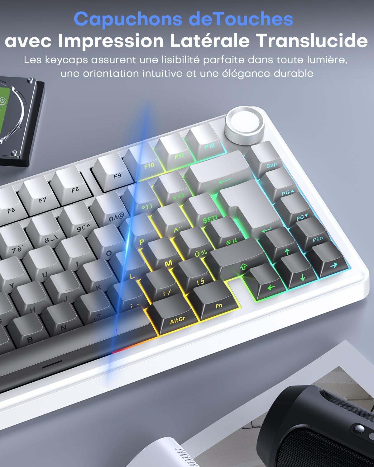 OMOTON Capuchons de Touches en Français, Cherry Profil 127 Touches PBT avec extracteur de Touches, Gravur Latéral pour MX Switch 61/68/84/87/96/108 ANSI/ISO Layout claviers mécaniques - Dégradé Gris