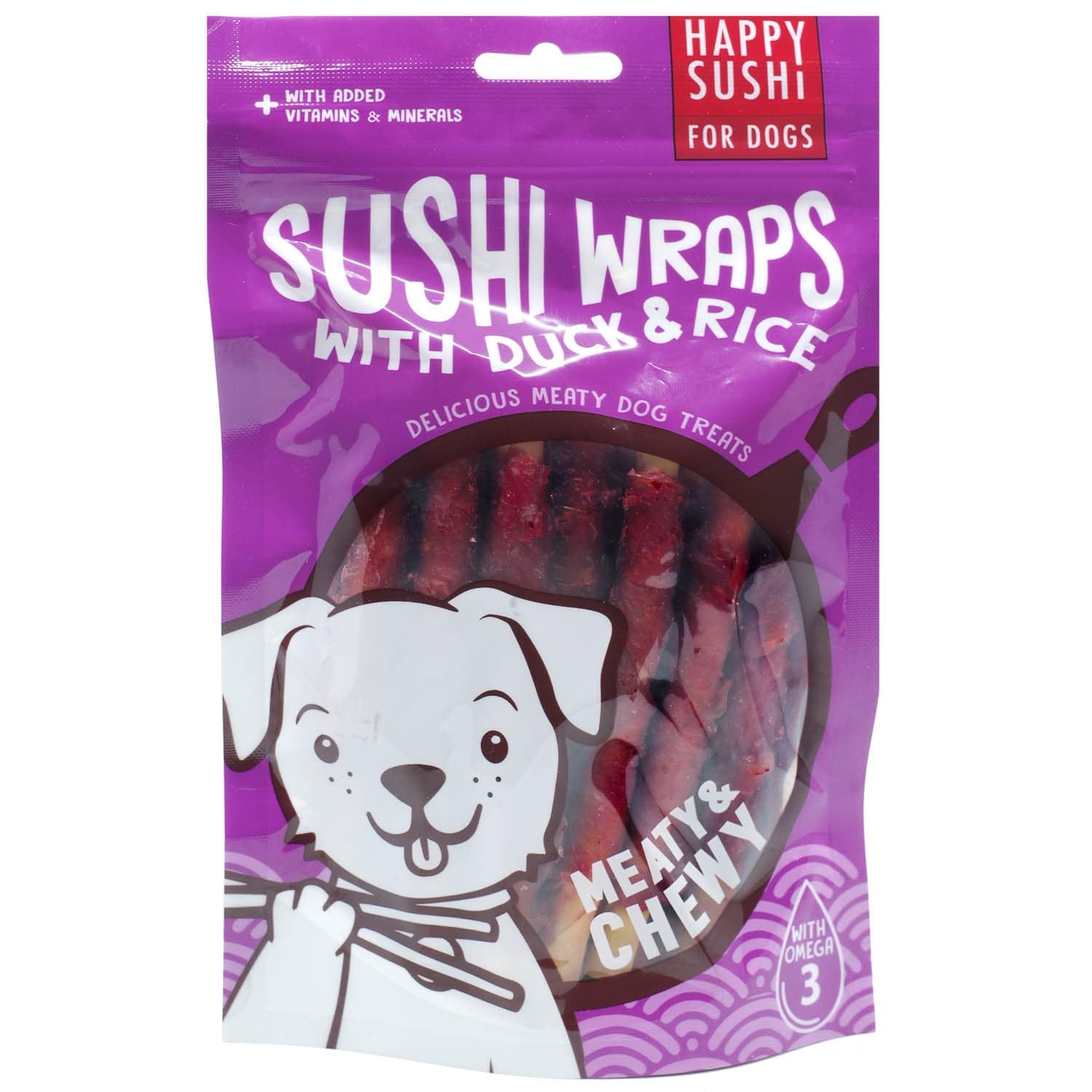 Happy Sushi for Dogs - Sushi Wraps With Duck & Rice 144g - Delicious, Fishy, Crispy and Chewy - Filled With Omega 3, Added Vitamins and Minerals - a Complementary Pet Food for Adult Dogs