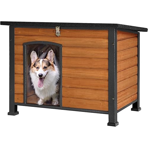 GUTINNEEN Chew Proof Dog House with Metal Iron Frame Outdoor Dog Kennel for Small Medium Large Indoor Dog Cage (33.5" L,Brown Color)