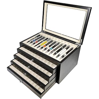 MR Maestro Relojero - Pen Holder Box with Display Case Space for 56 Writing Instruments Fountain Pen Box Ballpoint Pen Storage Black Wooden Pens Wood and Glass Elegant Gift