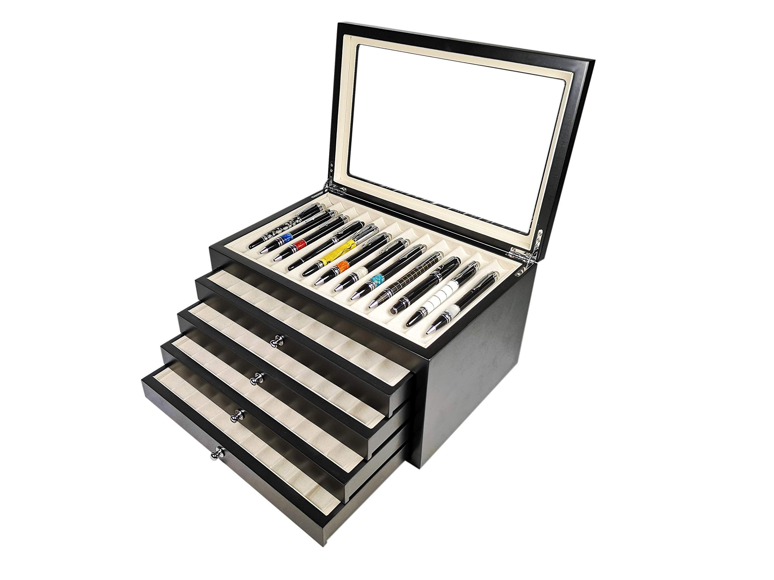 MR Maestro Relojero - Scatola Portapenne con vetrina per 56 penne in legno | Espositore penne stilografiche | Portapenne da esposizione | Raccoglitore collezioni | Nero, legno