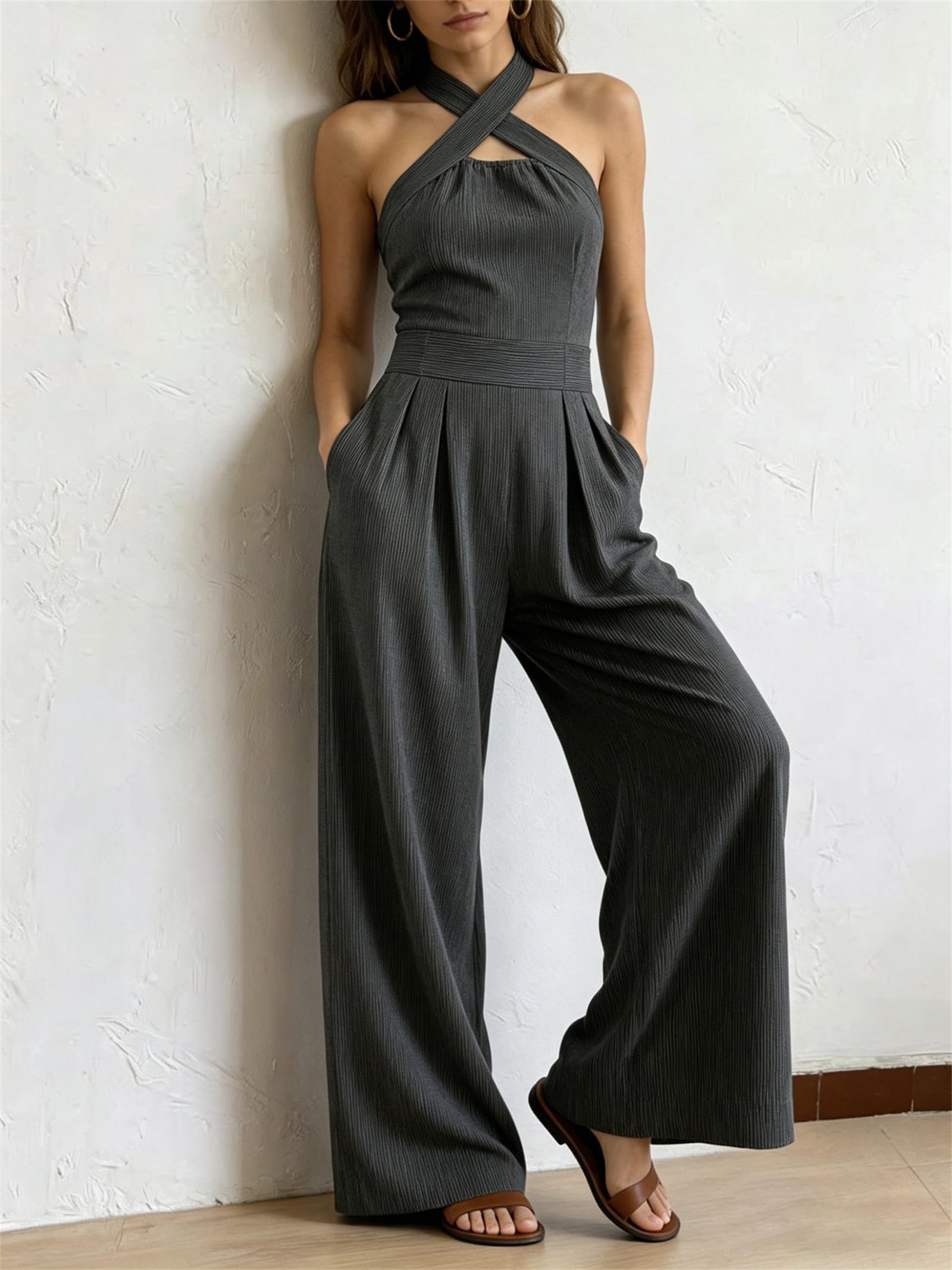 Générique Combinaison pantalon sans manches à jambes larges et poches, col halter croisé, en mélange coton et lin, tenue décontractée une pièce