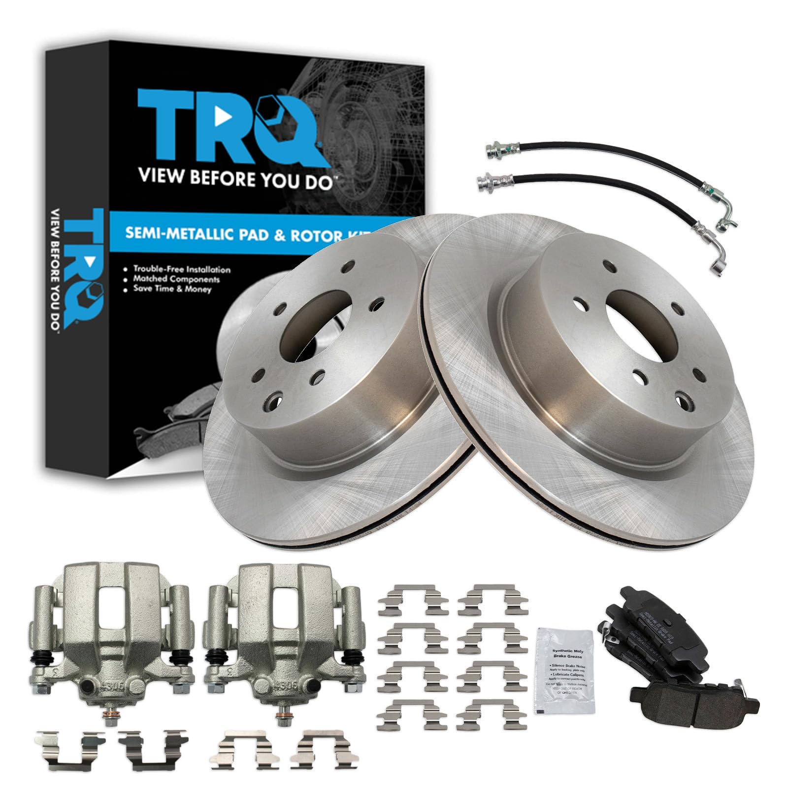 TRQ Rear Brake Pad and Rotor Set Semi Metallic Calipers Compatible with 2005 Infiniti G35 Nissan 350Z