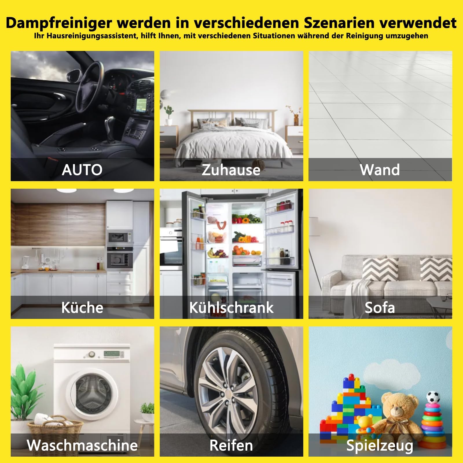 2026 neu 3-stufig einstellbarer dampfreiniger handgerät, 10 Sekunden Aufheizzeit und 1600 ml großer Tank Handdampfreiniger, Dampfreiniger für Haushalt und Auto, Küche, Fenstern (Yellow, 1 Set)