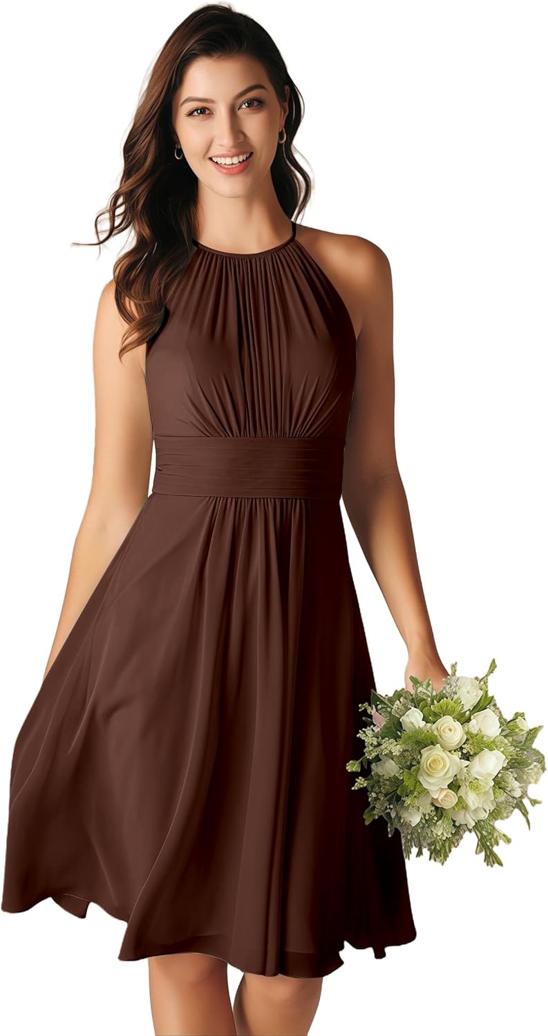 Halter Chiffon Short Bridesmaid Dresses for Women Empire Waist A Line Pleated Formal Dress for Wedding