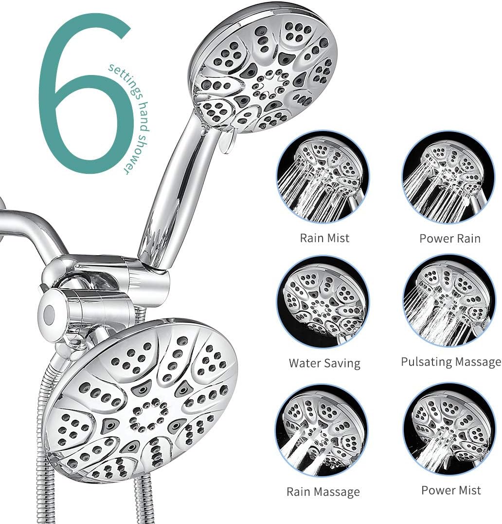 30-Setting High Pressure Rain Shower Head with Handheld - 6" Face 3-Way Dual Rain & Handheld Shower Heads Combo with Hose - All Chrome Finish - - 