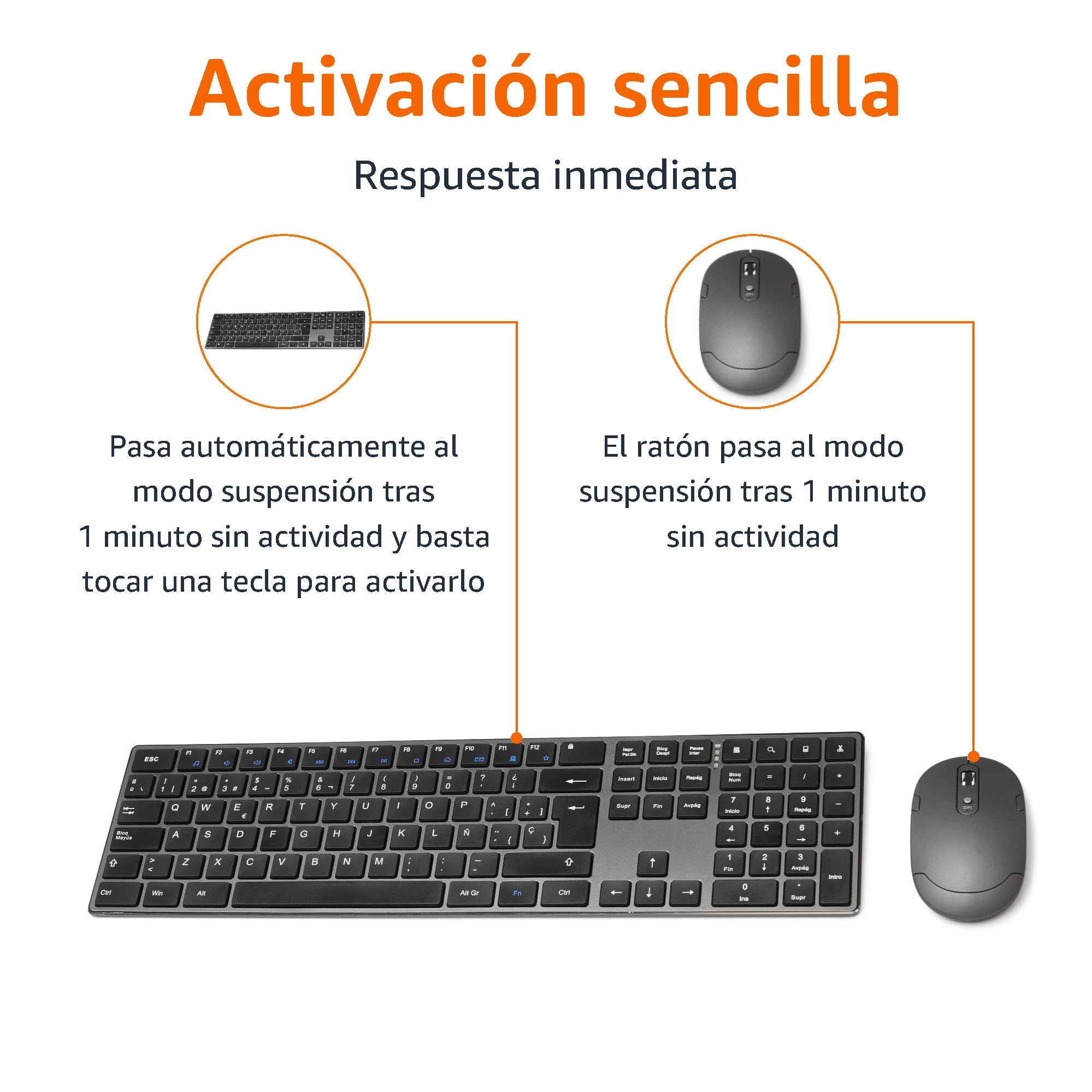 Amazon Basics Teclado ultrafino de tamaño completo y ratón inalámbrico, silencioso y recargable con teclado numérico, ES/MX Layout Gray, color negro