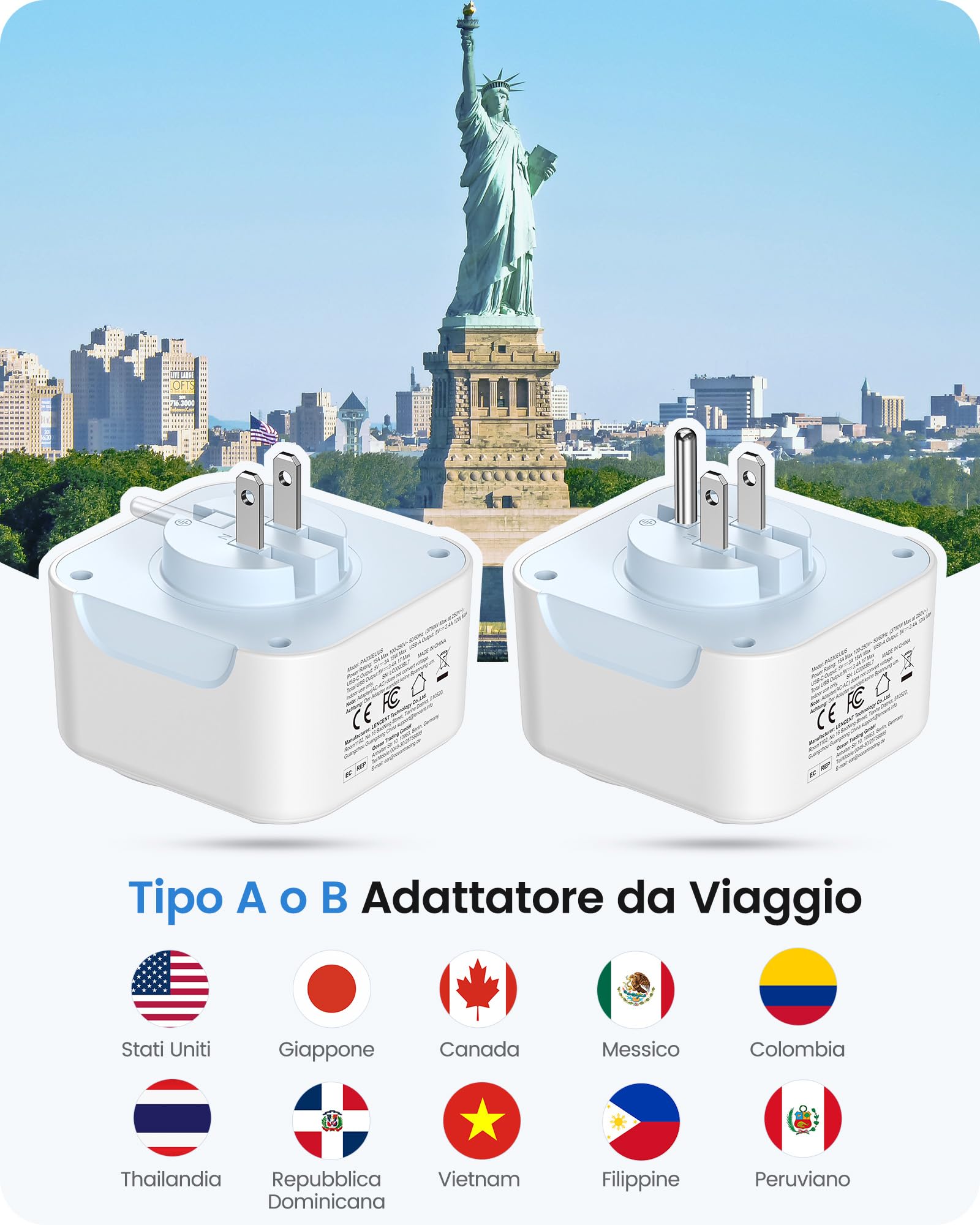 LENCENT Adattatore da Viaggio Tipo A e Tipo B con USB-C Pieghevole, Presa UE a Spina US per Stati Uniti