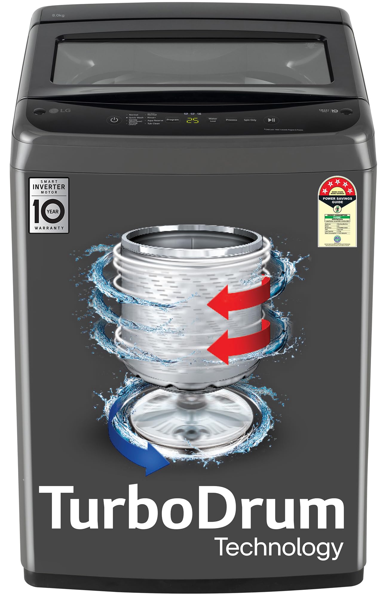 LG 8 Kg 5 Star Smart Inverter Technology Fully Automatic Top Load Washing Machine (T80VBMB4Z, Turbodrum, Auto Prewash, Stainless Steel drum, LED Display, Smart Diagnosis, Middle Black)