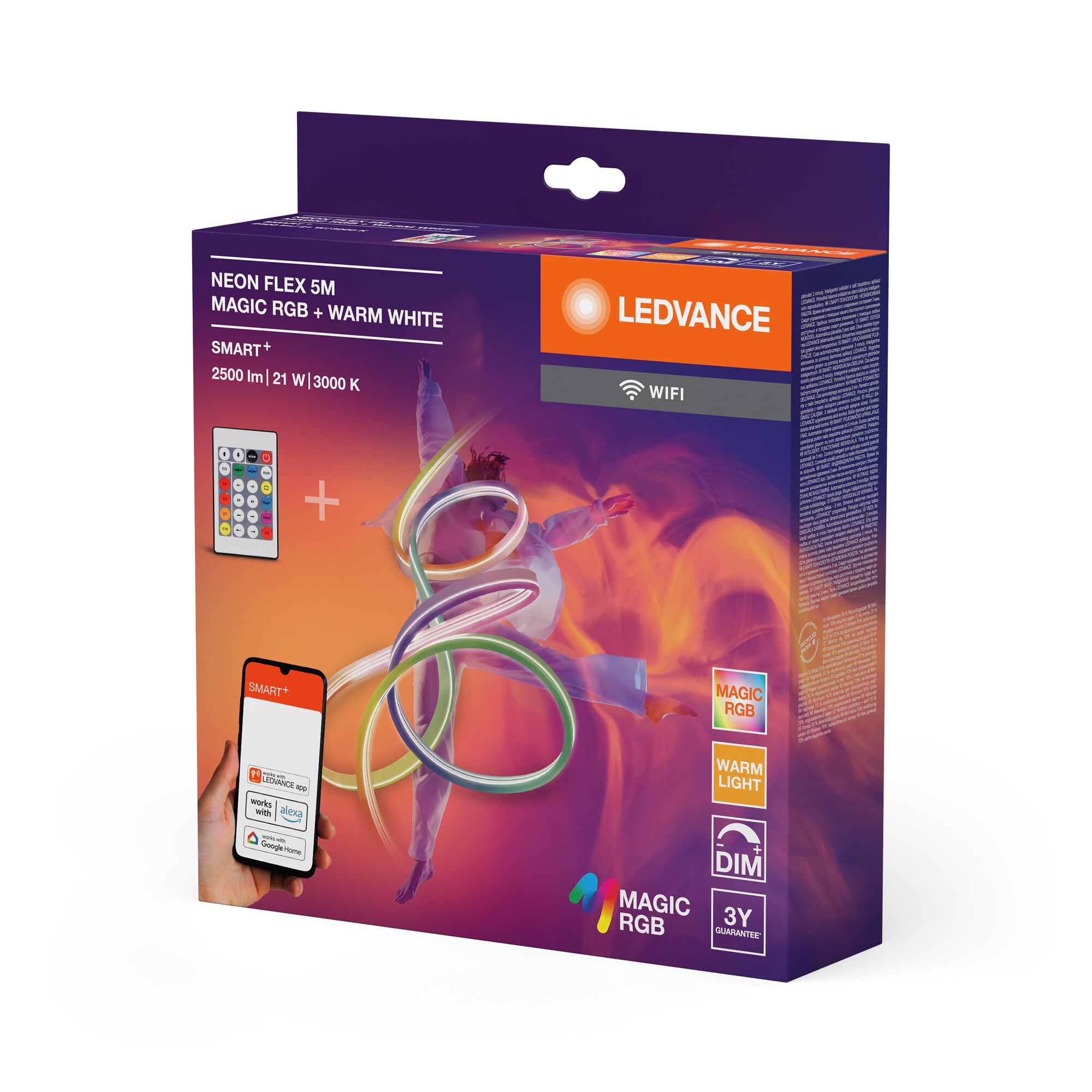 LEDVANCE SMART WIFI NEON FLEX tiras LED de color/blanco para exteriores con tecnología WiFi y distribución homogénea de la luz; MGC TW RC; no regulable; blanco; silicona; 5 m; bombilla no sustituible
