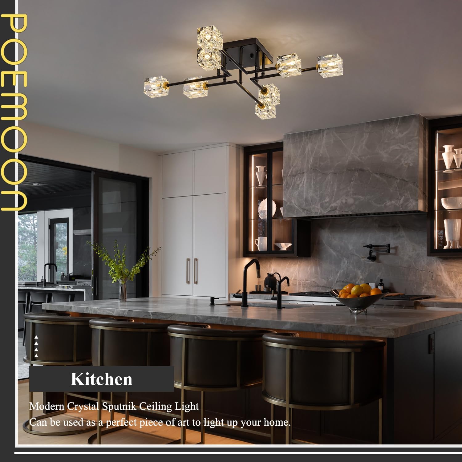 Modern Black Gold Sputnik Chandeliers 8-Light Crystal Semi Flush Mount Ceiling Light Industrial L 31.5" Chandelier Lighting for Living Room Dining Room Foyer Entryway Kitchen Bedroom