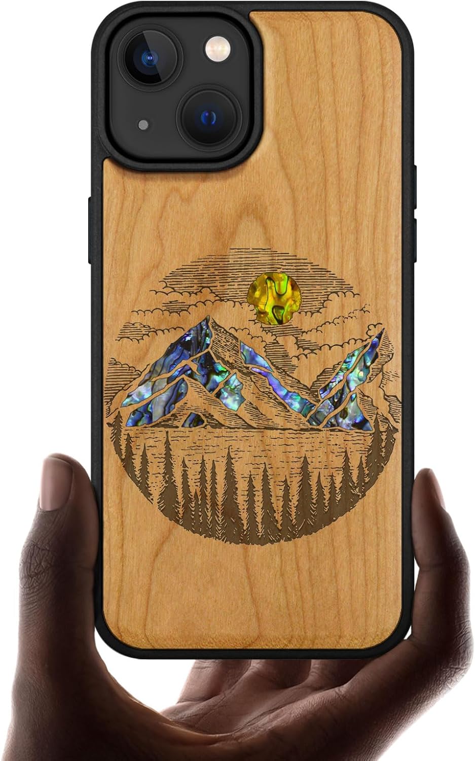 Carveit Designer Wooden Protective Magnetic Case for iPhone 14 Case [Wood Engraving & Shell Inlay] Compatible with iPhone 14 MagSafe (Alpine Lakes-Cherry)