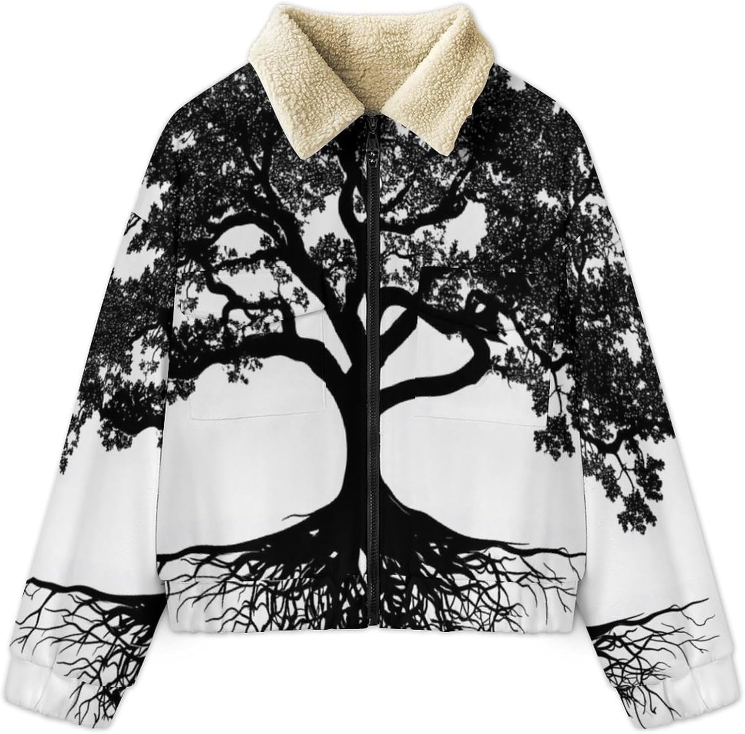 Women's Full Zip Soft Polar Fleece Jacket, Oak Tree Silhouette Printed Coat, Long Sleeve Comfortable Outerwear