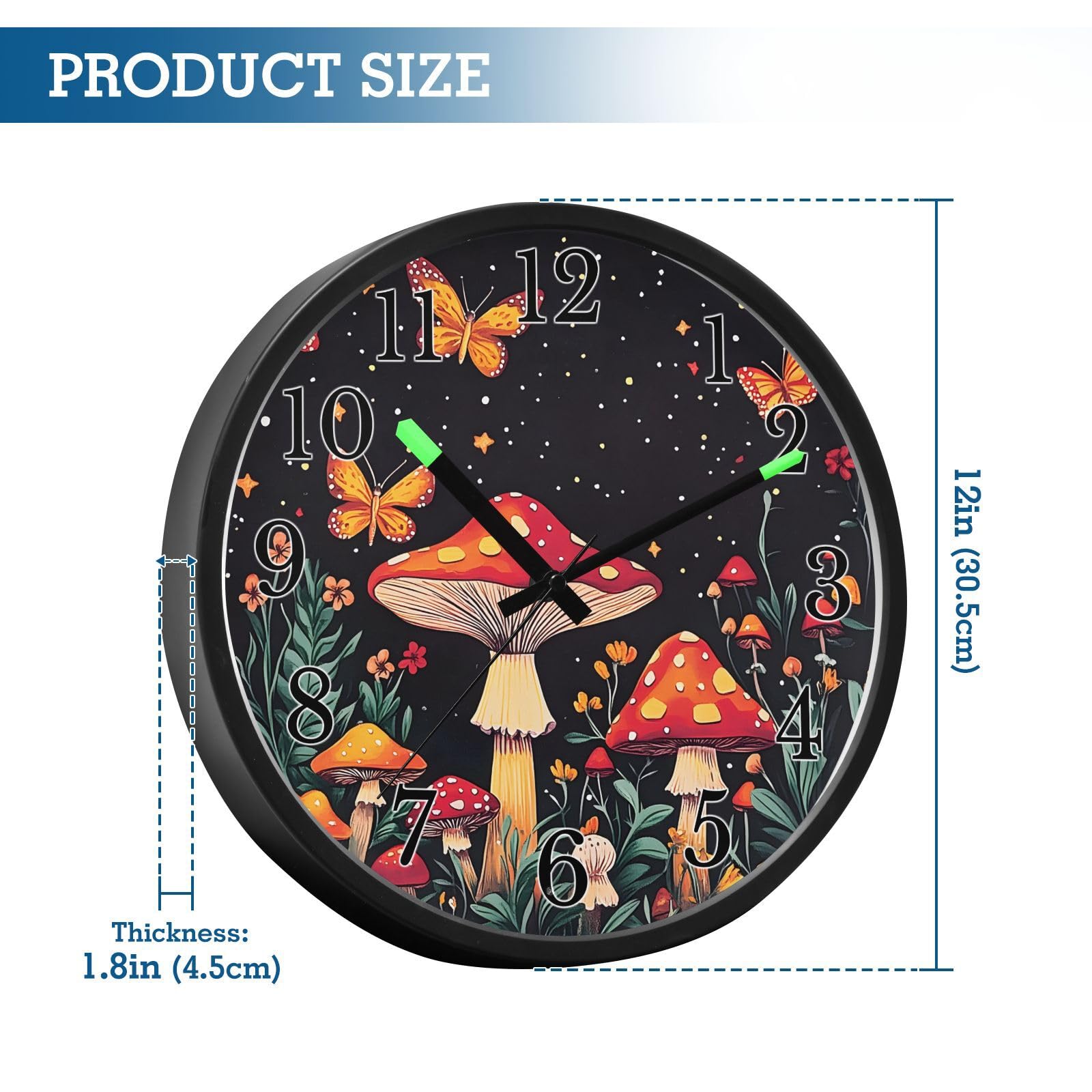 Mnsruu Reloj de pared luminoso con diseño de seta, mariposa, luna, reloj de pared que brilla en la oscuridad, funciona con pilas, 12 pulgadas, silencioso, sin tictac, luz nocturna para dormitorio