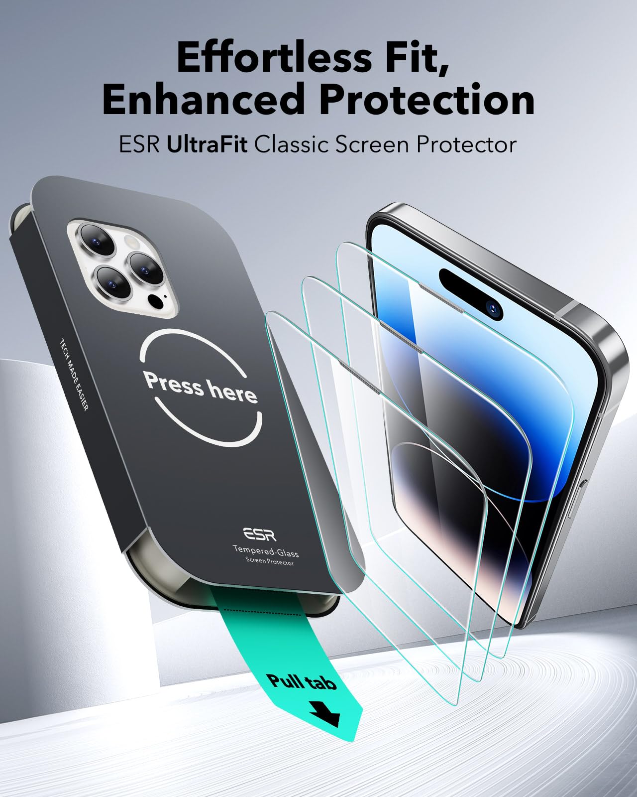 ESR Pellicola Vetro Temperato per iPhone 14 Pro, Protezione di livello militare, Durezza 9H, Vetro temperato a copertura totale con supporto UltraFit, 3 Pezzi