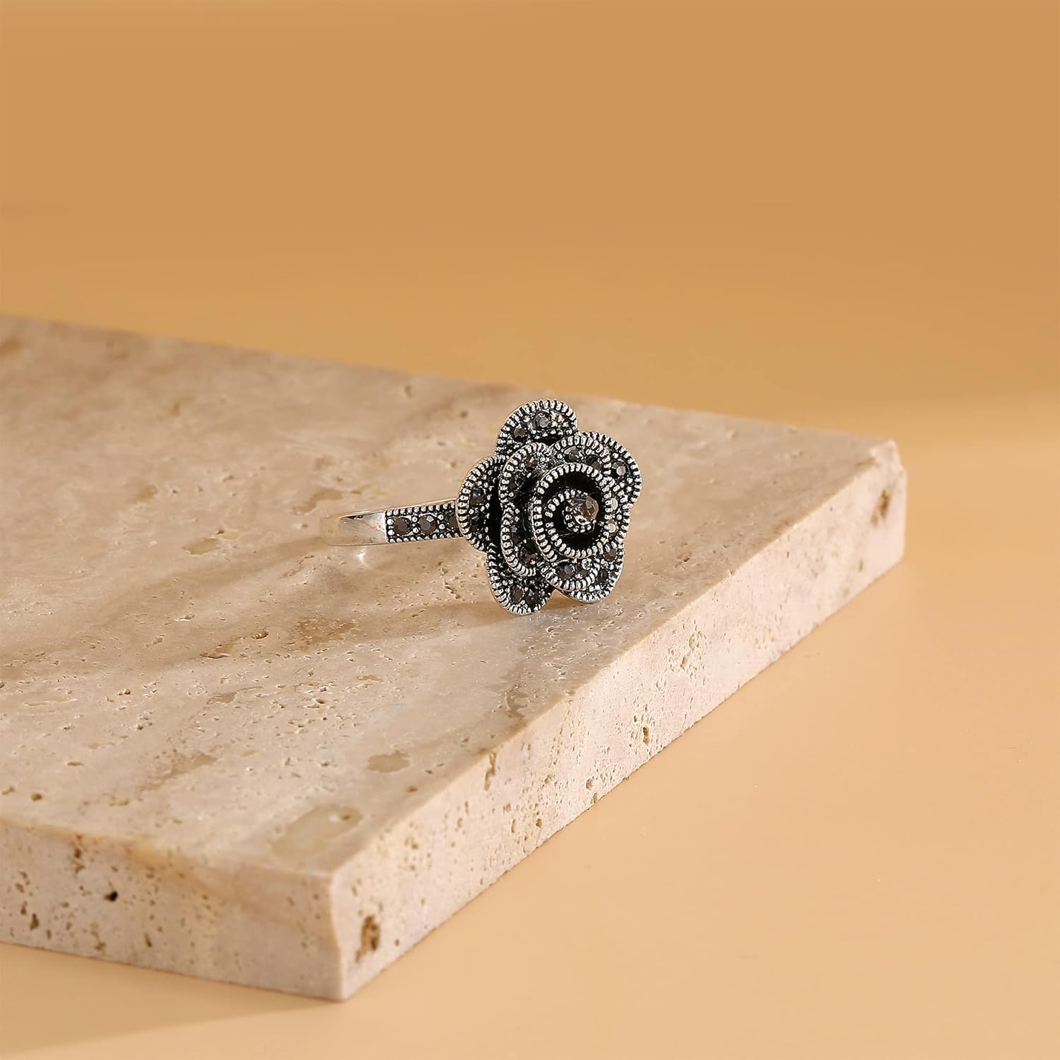 Mytys Vintage Wide Ring Classic Black Marcasite Crystal Rows Statement Silver Chunky Rings - Image 5