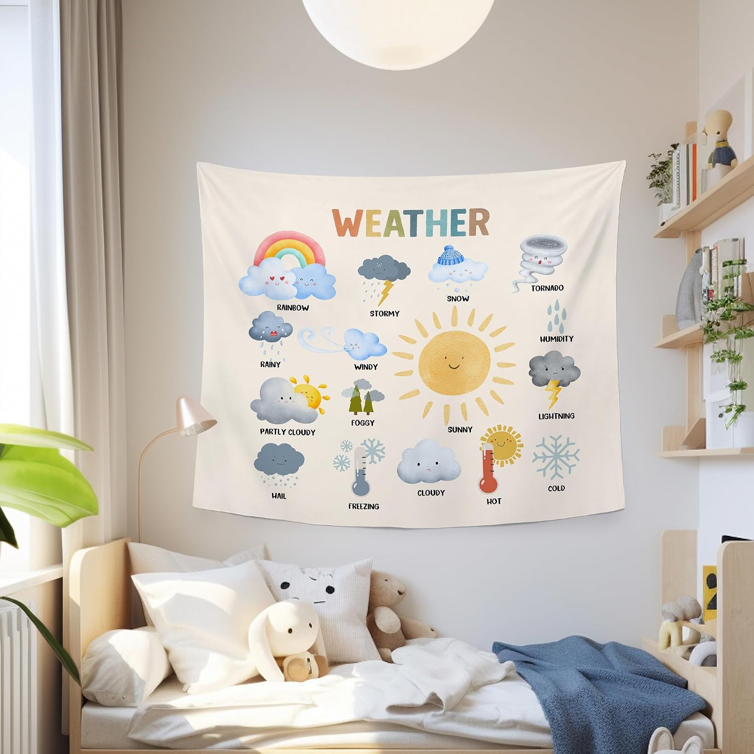 MNASAIOO Classroom Weather Wall Tapestry Hanging for Bedroom, Educational Nursery Sun Rain Tapestries, Rustic Cute Watercolor Wall Decor Banner for Kids Playroom Preschool 50x60in image 2