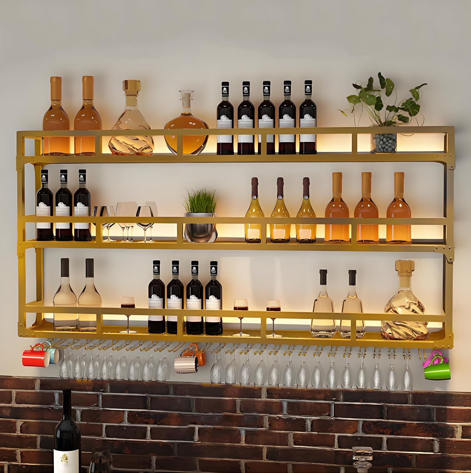 Generico Portabottiglie da Parete in Stile Industriale con Luce LED - Scaffali in Metallo a 3 Livelli per Bottiglie di liquore e Bicchieri - Portabottiglie Galleggiante per casa e Cucina (Oro, 100x25