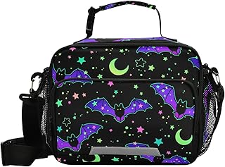 Glaphy Halloween Bats Moon Stars Lunch Bag Cooler Lunch Box Insulated Lunch Tote Bag Food Container for Men Women Kids