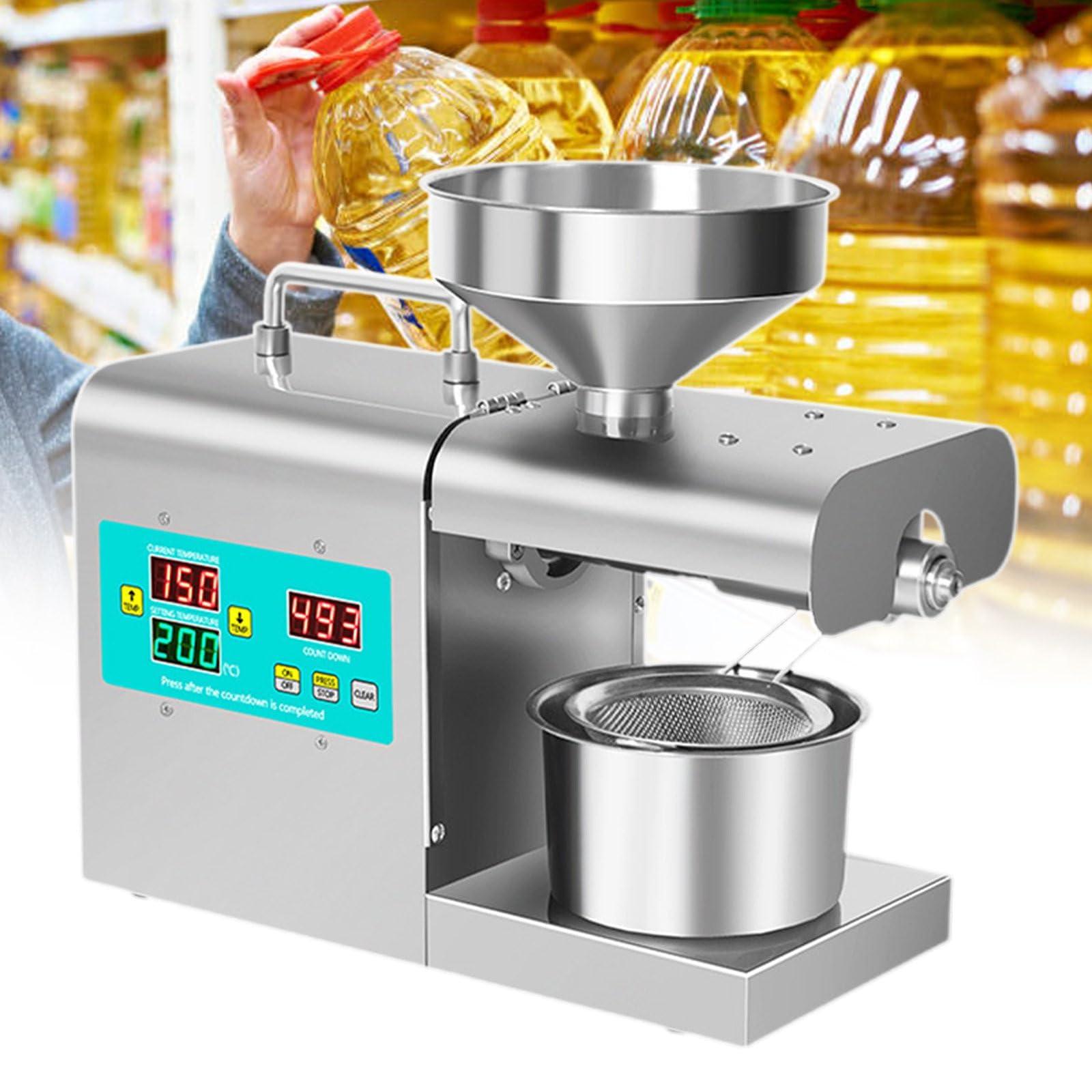 HADECOLL Stainless Steel Cold Hot Press Oil Extractor - Household Commercial Oil Expeller Oil Presser with Temperature Adjustable Funct, 820W Oil Press for Sunflower Seeds Peanuts,