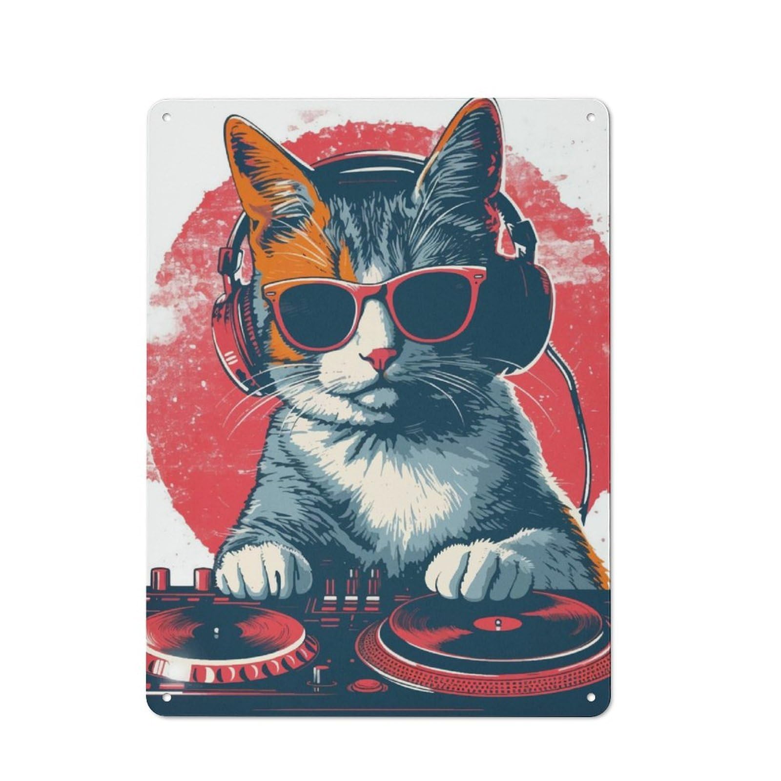 Junmoney Cat Headphone Dj Music Tin Wall Plaque 40X30cm With For Living Room Or Hallway, For Garage, Workshop And Man Cave Decoration