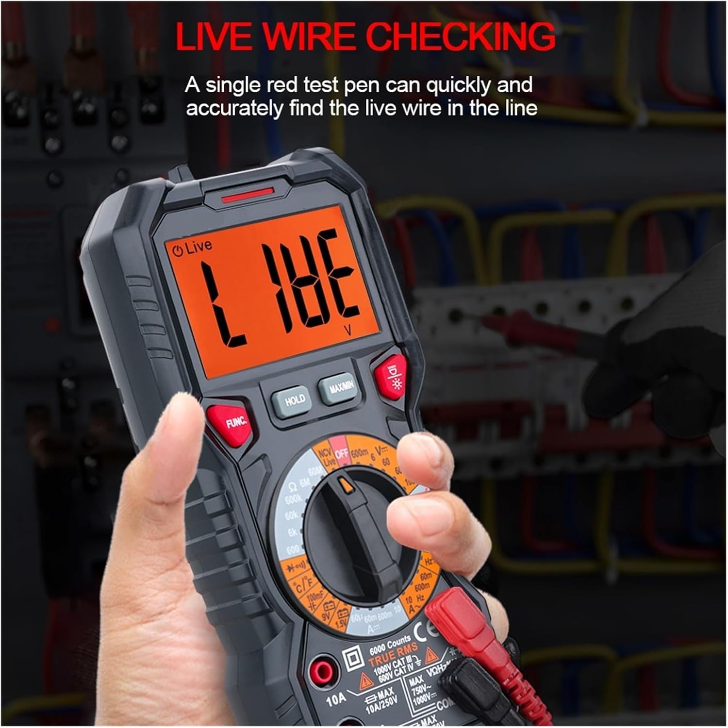 LIBODD 108C Basic Digital Multimeter performing a live wire check, with the display showing 'LIVE' and an orange backlight.