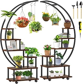 2 pcs 6 Tier 67" Tall Metal Plant Stand Indoor, Half Moon Shape Large Plant Shelf with Detachable Wheels, Curved Ladder Flower Pot Stand Rack for Home Patio Lawn Garden Balcony Round-Brown