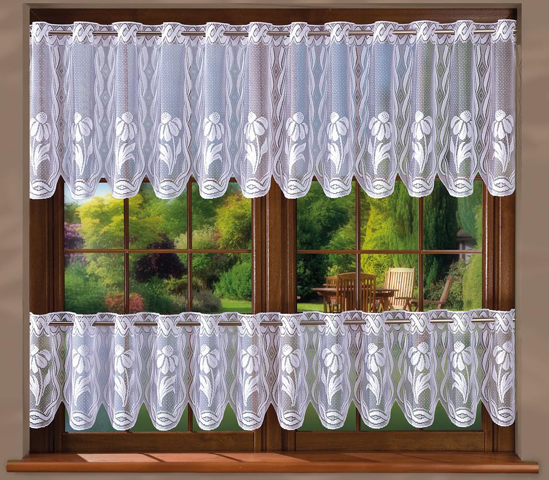 MforStyle White Daisy Kitchen Curtain - 4.5 Metres Width, Drop: 24" (60cm) - 1 Panel - Light-Filtering - Machine Washable
