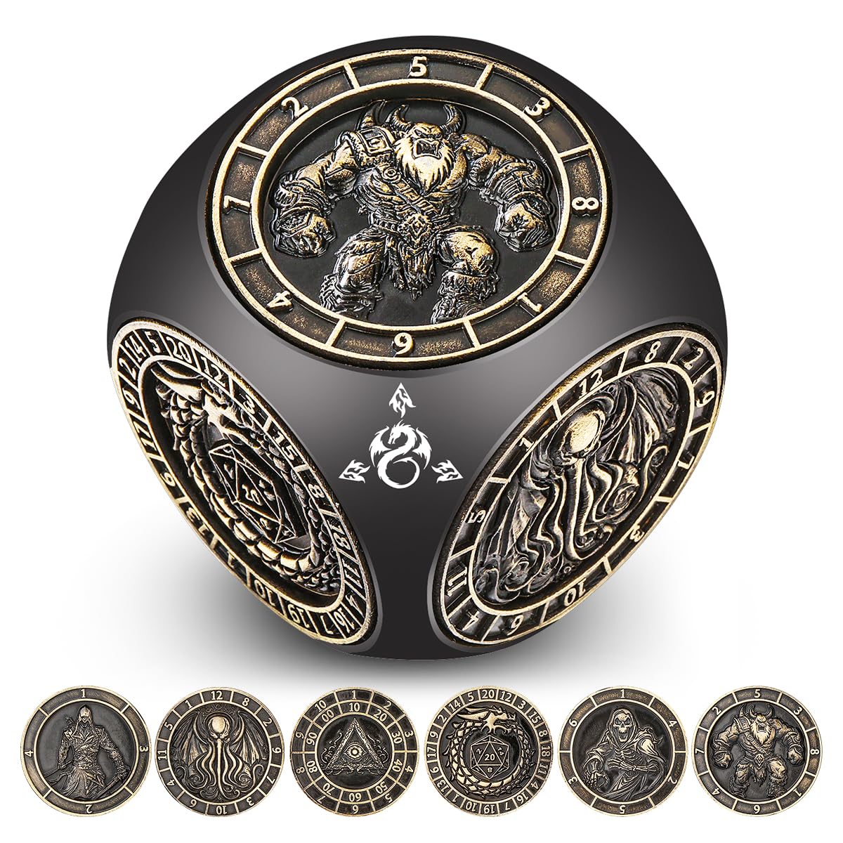 DND Spinner 7-en-1 Dés, Design en Relief 3D, Set de Dés en Métal D&D, Motif à 6 Côtés, Dés de Jeu Rotatifs Polyédriques D&D, Cadeaux DND avec Boîte Cadeau à Logo Dragon, Jeu de Rôle Accessoires, Noir