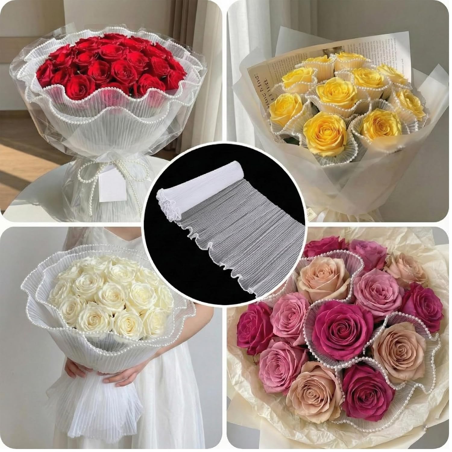 2PCS 4.37 Yards White Flower Wrapping Mesh Paper, Pearl Edge Bouquet Packaging Paper, Wrinkled Translucent Pleated Polyester for Wedding Decor, Florist Supplies, Gift Packaging